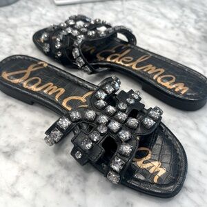 SAM EDELMAN BAY FLAT BLACK LEATHER RHINESTONE SLIDE SANDALS Size 8.5 M